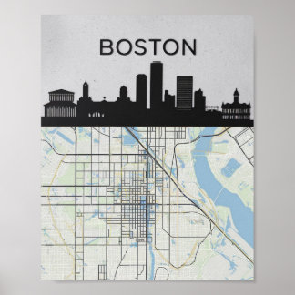 Póster Línea aérea de Boston Massachusetts con mapa