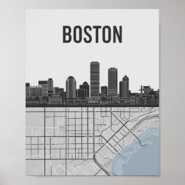 Póster Línea aérea de Boston Massachusetts con mapa