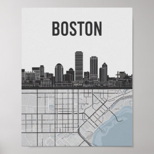 Póster Línea aérea de Boston Massachusetts con mapa