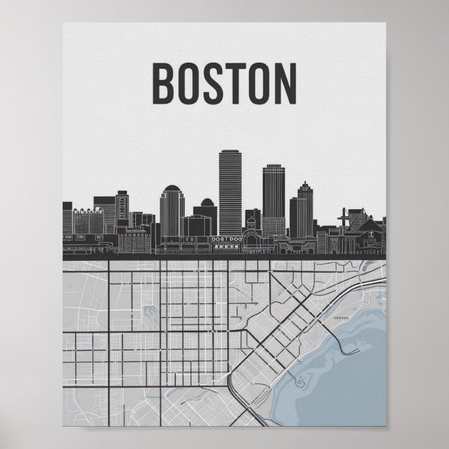 Póster Línea aérea de Boston Massachusetts con mapa (Frente)