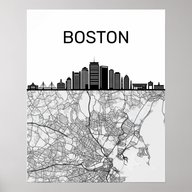 Póster Línea aérea de Boston Massachusetts con mapa (Frente)