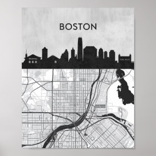 Póster Línea aérea de Boston Massachusetts con mapa