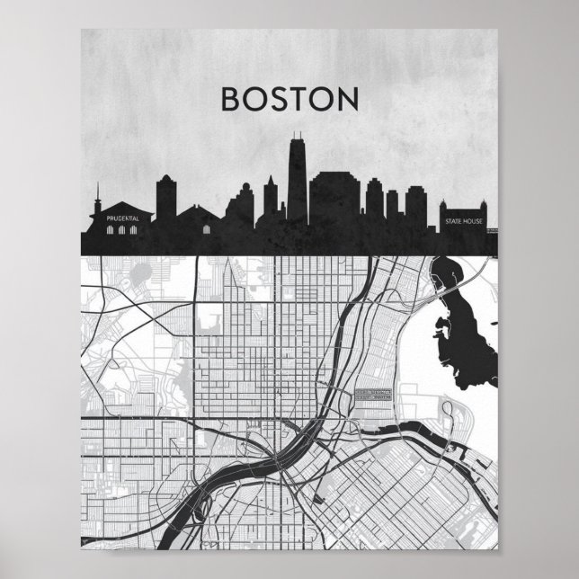 Póster Línea aérea de Boston Massachusetts con mapa (Frente)