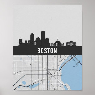 Póster Línea aérea de Boston Massachusetts con mapa