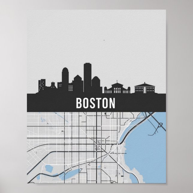 Póster Línea aérea de Boston Massachusetts con mapa (Frente)