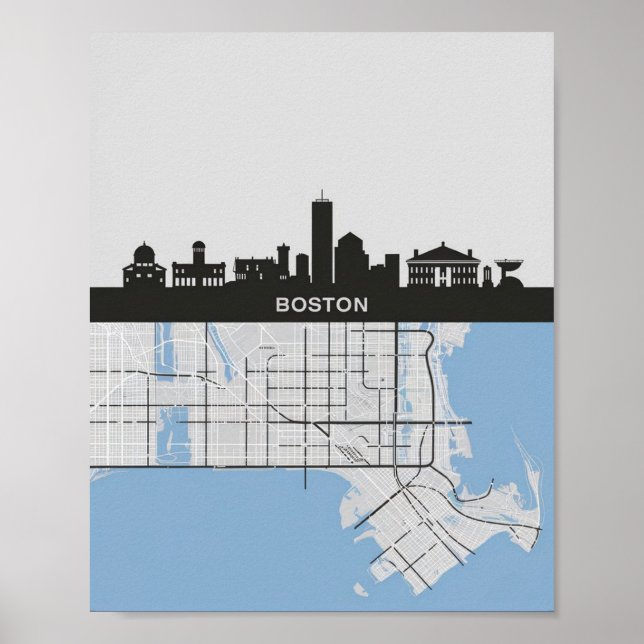 Póster Línea aérea de Boston Massachusetts con mapa (Frente)