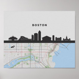 Póster Línea aérea de Boston Massachusetts con mapa