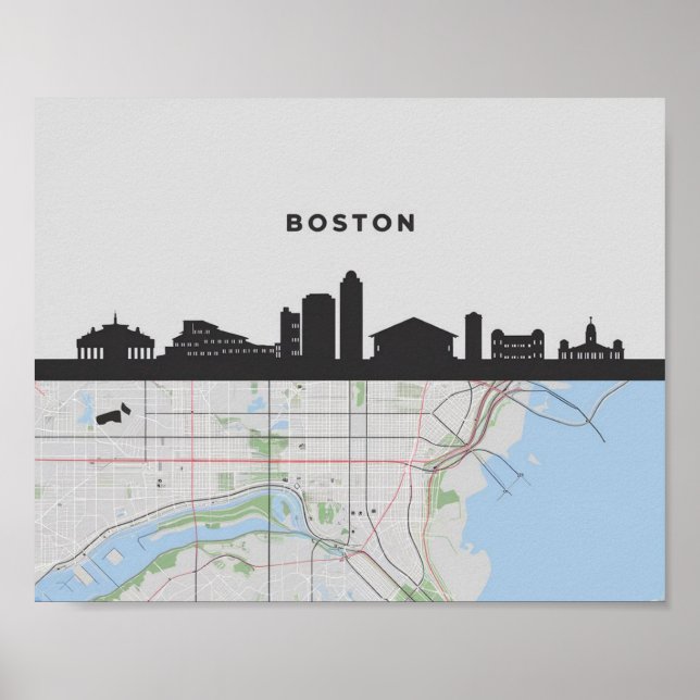 Póster Línea aérea de Boston Massachusetts con mapa (Frente)