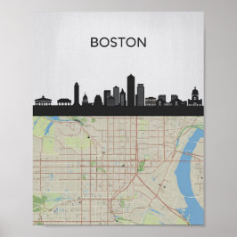 Póster Línea aérea de Boston Massachusetts con mapa