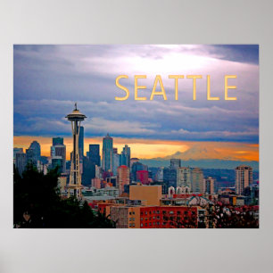 Póster Línea aérea de Seattle Washington al atardecer TEX