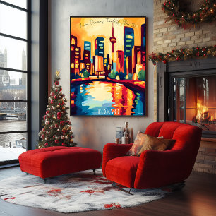 Póster Línea aérea neonesa de Tokio al estilo abstracto d
