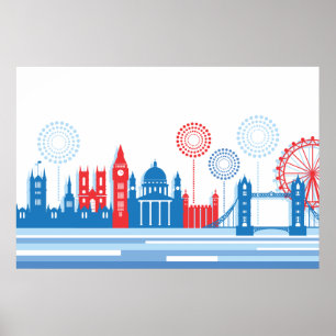 Póster Línea aérea retro de Londres con fuegos artificial
