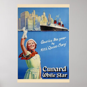 Póster Línea Cunard White Star - RMS Queen Mary década de