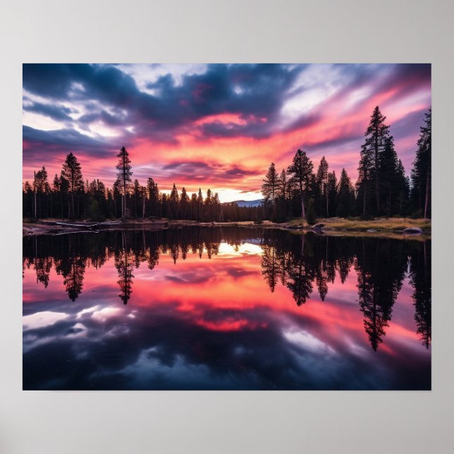 Póster Línea de árboles y lago Sunset (Frente)