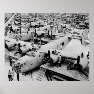 Póster Línea de montaje de bombarderos B-24, 1943. Foto a