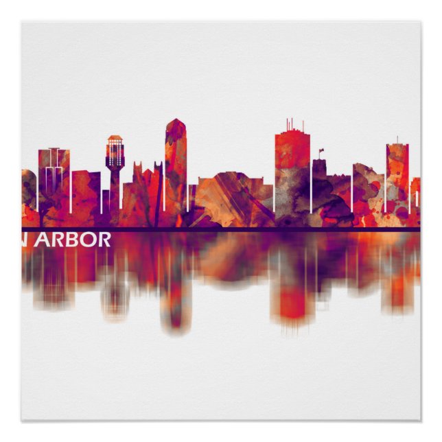 Póster Línea de Skyline de Ann Arbor Michigan (Anverso)