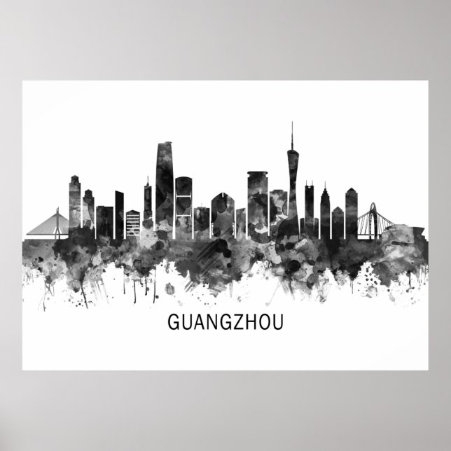 Póster Línea de Skyline de Guangzhou China BW (Frente)