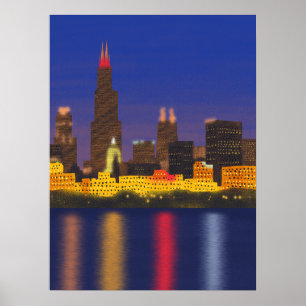 Póster Línea de Skyline del lago de Chicago en la noche