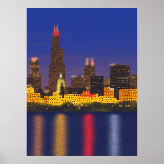 Póster Línea de Skyline del lago de Chicago en la noche (Frente)