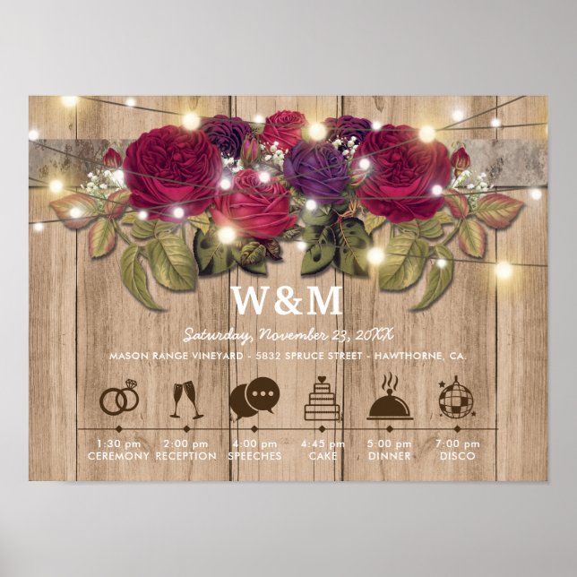 Póster Línea de tiempo del Día de la Boda Floral Roja Rus (Frente)