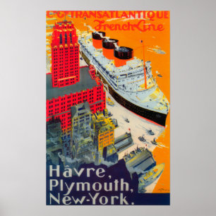 Póster Línea francesa poster del viaje, Havre a Plymouth,