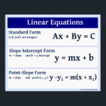 Póster Linear Equations Slope Formulas<br><div class="desc">Linear Equations Slope Formulas Standard form Slope-Intercept form Point-slope form For more math posters visit: www.zazzle.com/mathposters*</div>