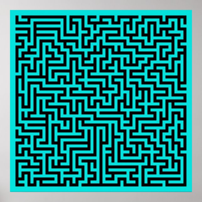Póster Líneas de Laberinto Negro Turquesa (Frente)