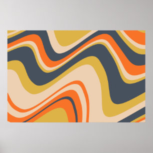 Póster Líneas onduladas retro - Naranja, marina, amarillo