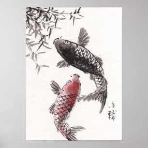 Póster LinLi Chinese Watercolor Art Print - KOI Fish #2