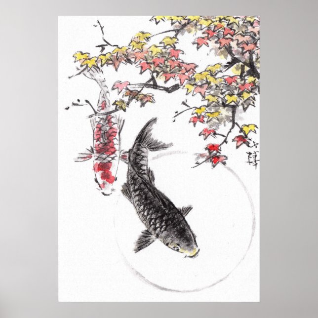 Póster LinLi Chinese Watercolor Art Print - KOI Fish #6 (Frente)