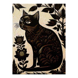 Póster Linocut de un gato negro entre flores