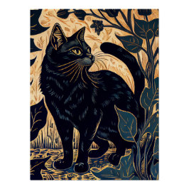 Póster Linocut de un gato negro entre plantas con ba amar