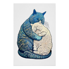 Póster Linocut Gato blanco y negro durmiendo juntos