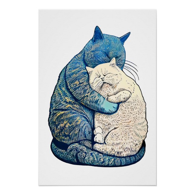 Póster Linocut Gato blanco y negro durmiendo juntos (Anverso)