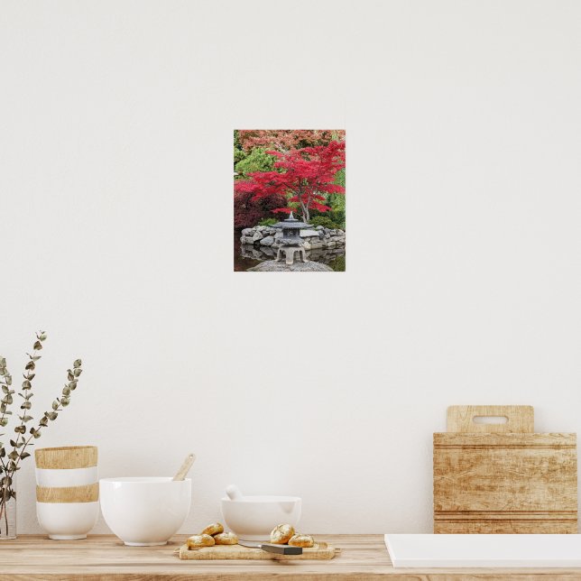 Póster Linterna de jardín japonés y hojas de arce rojas (Cocina)