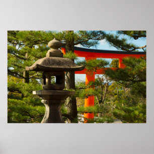 Póster Linterna de piedra y puerta Torii