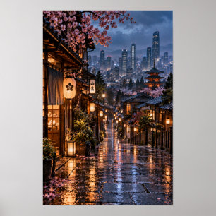 Póster Linterna Japonesa Calle Flor de Cerezo Noche Pared