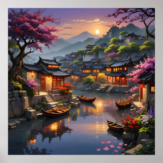 Póster Linterna resplandece en medio de flores y agua