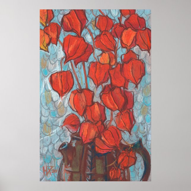 Póster Linternas chinas, Physalis Pintado floral de otoño (Frente)