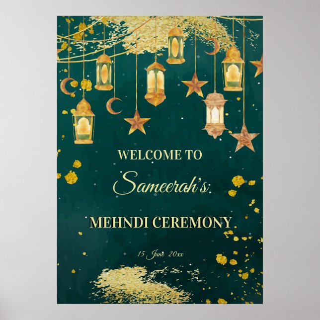 Póster Linternas verdes marroquíes personalizadas Mehndi (Frente)