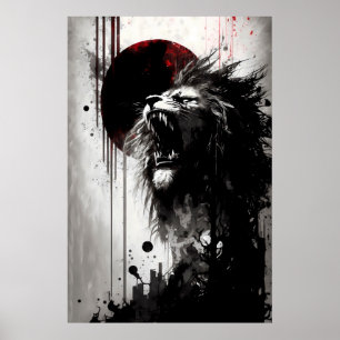 Póster Lion Roaring Into The Night Sky