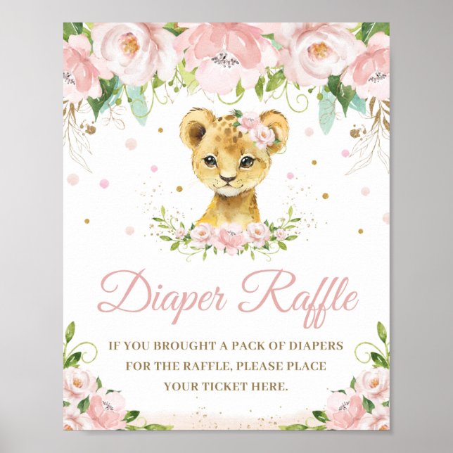 Póster Lion Rubor Pink Floral Baby Shower Diaper Raffle (Frente)