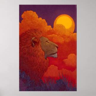 Póster Lion Sunset Wall Art Fiery Mane, Circular Sun