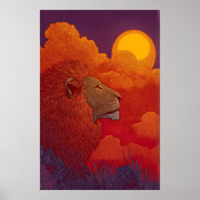 Póster Lion Sunset Wall Art Fiery Mane, Circular Sun (Frente)