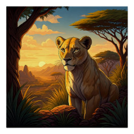 Póster Lioness among a wilderness setting
