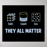 Póster Liquid Solid Gas - They All Matter<br><div class="desc">Liquid,  solid,  gas... they all matter!  Equal opportunity science,  don't let one form of matter get special treatment.  Funny,  geeky joke for chemistry,  physics,  or any kind of science teacher or scientist!</div>