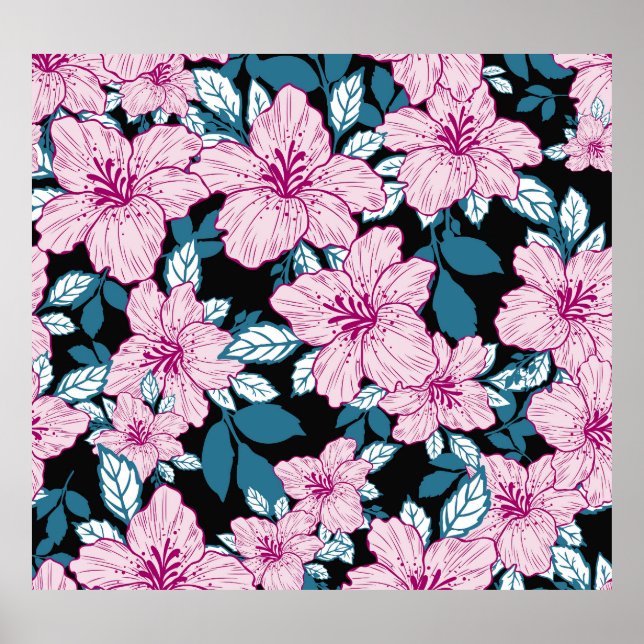 Póster Lirio morado, fondo de hoja azul. (Frente)