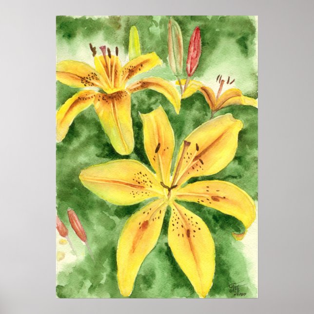 Póster Lirios amarillos en el jardín (Frente)