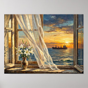Póster Lirios blancos en la ventana abierta Vista al mar