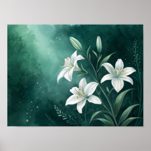 Póster Lirios Blancos Etéreos en Flor: Un Verde Esmeralda
